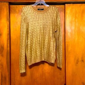 Lauren gold metallic crew neck cable sweater. XL